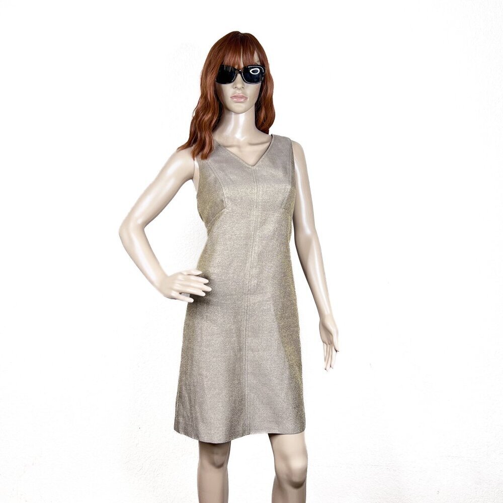 Talbots‎ Petites Linen Gold Tan V-Neck Sheath Midi Dress Size 8P - NWOT - Picture 2 of 6